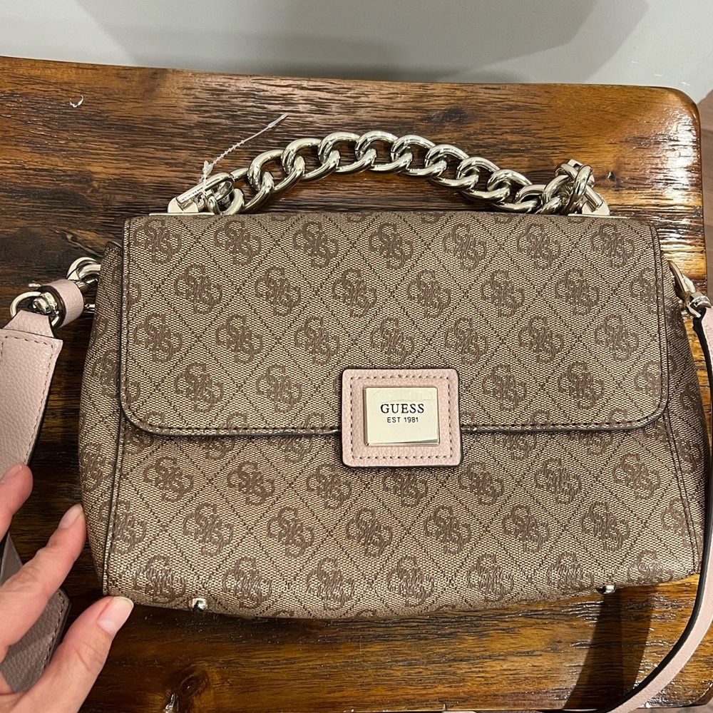 Guess brown 'Candace' logo print small bag chunky chain purse